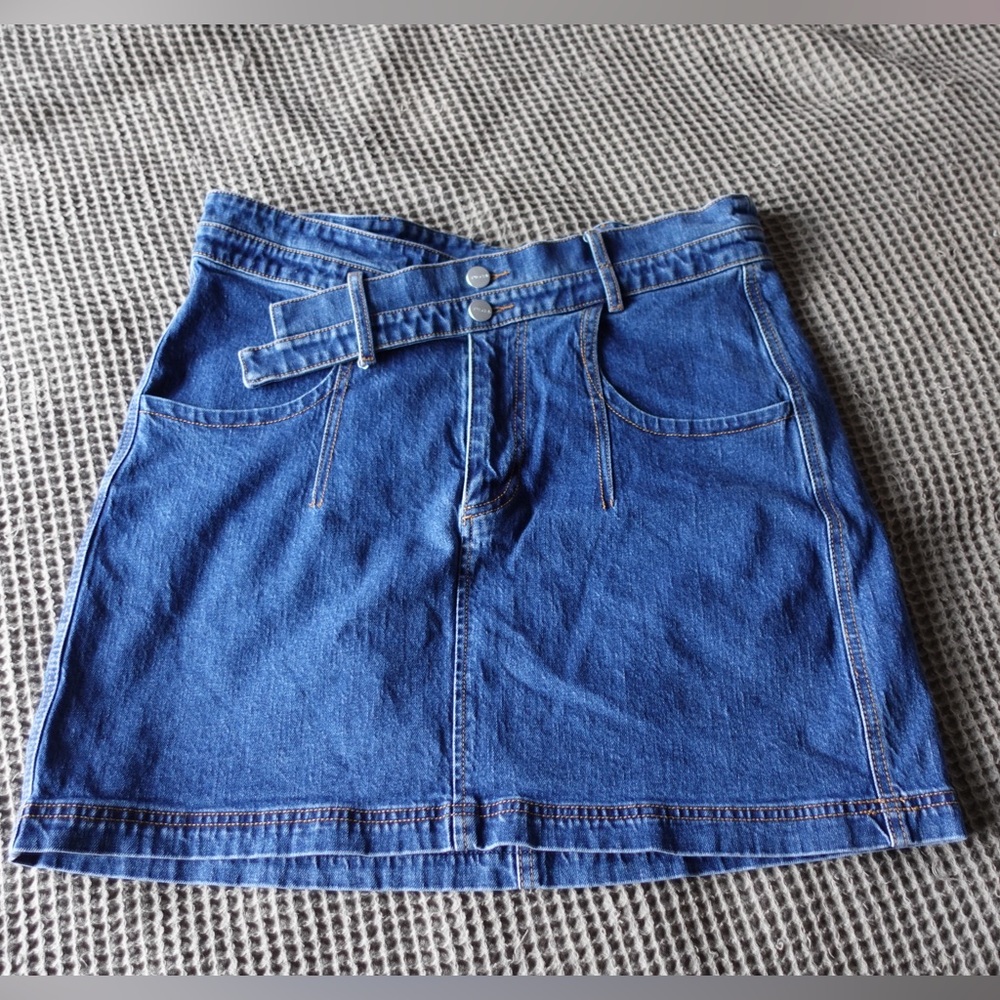 Pilcro Blue Denim Mini Skirt with Belted Waist